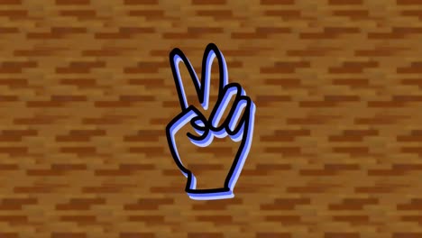 animation of green neon peace sign hand, on digital brick wall background