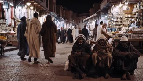 a vibrant night scene in a bustling market, showcasing colorful stalls, diverse shoppers, and individuals positioned on the ground amidst the lively atmosphere