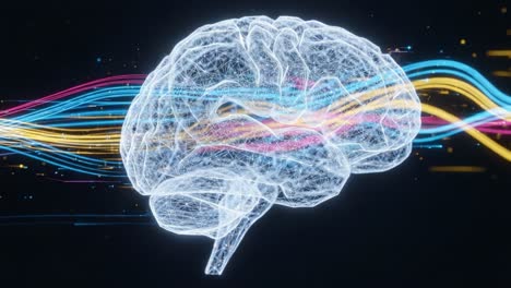 a glowing brain model surrounded by dynamic light waves illustrating neural connectivity and cognitive processes in a futuristic style