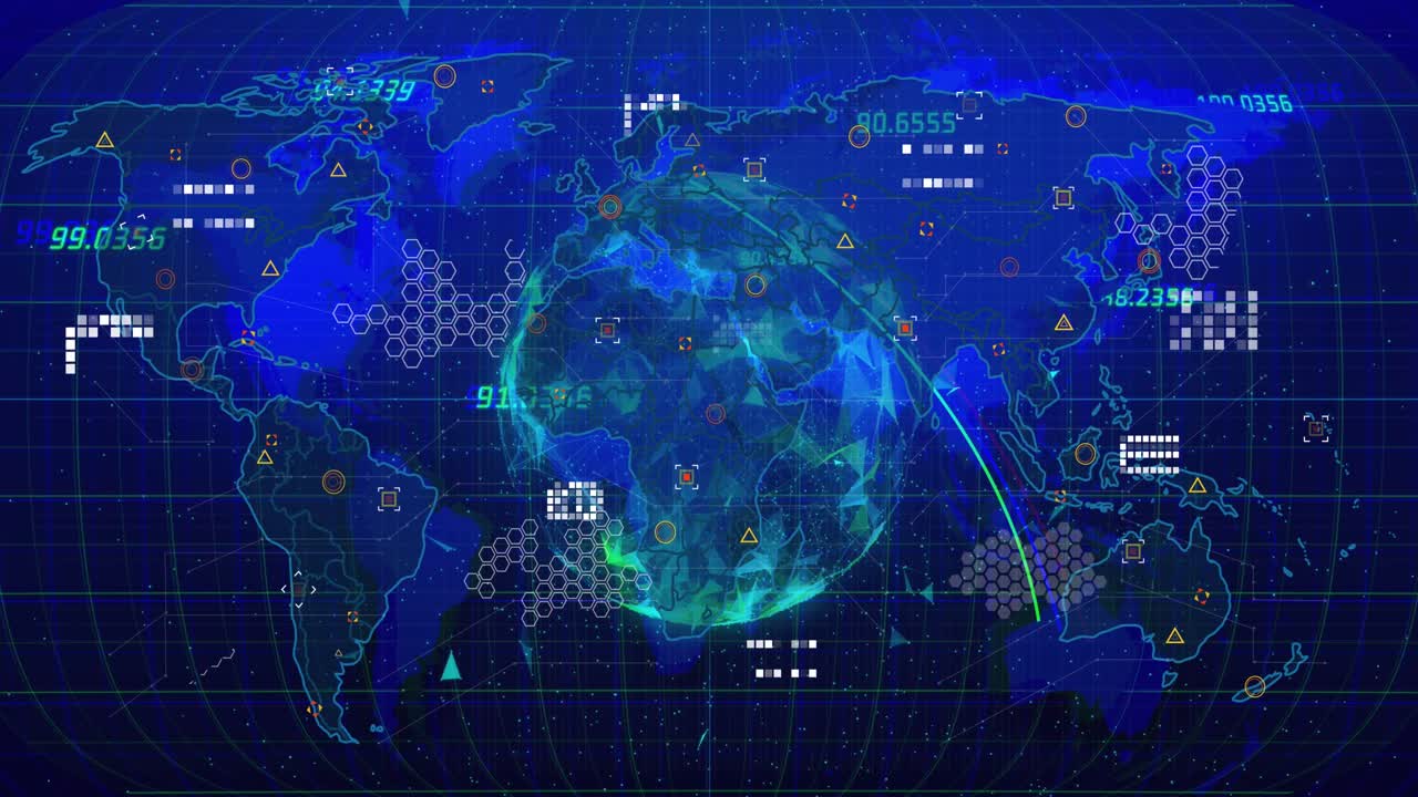 Animation of world map with data processing over globe