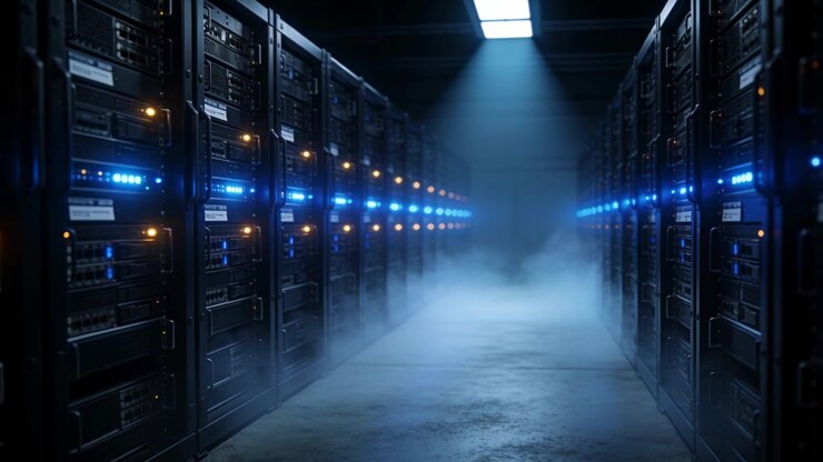 Overhead light revealing mist along server racks in data center, blue LEDs showing status