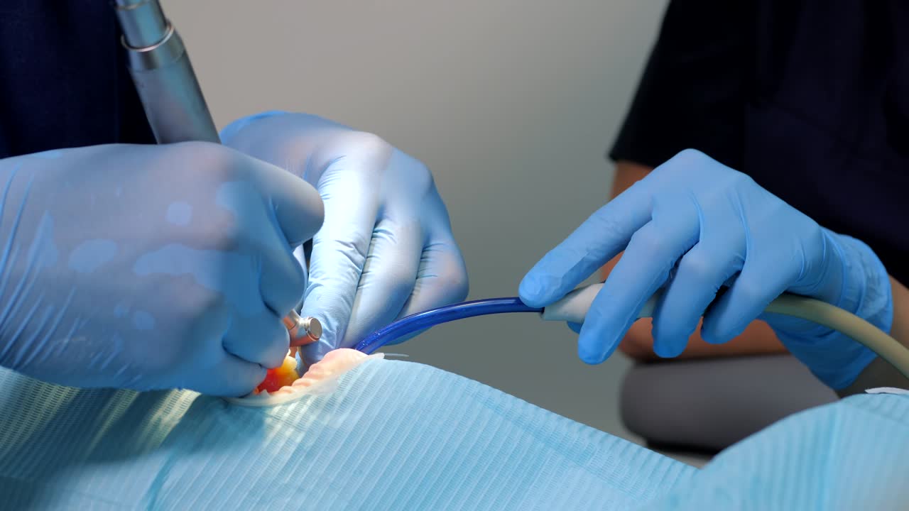 médico que trabaja con la máquina de fresado dental cnc. especialista prepara los dientes del paciente para revestimientos de cerámica con herramientas especiales. concepto de odontología cosmética, medicina, estomatología