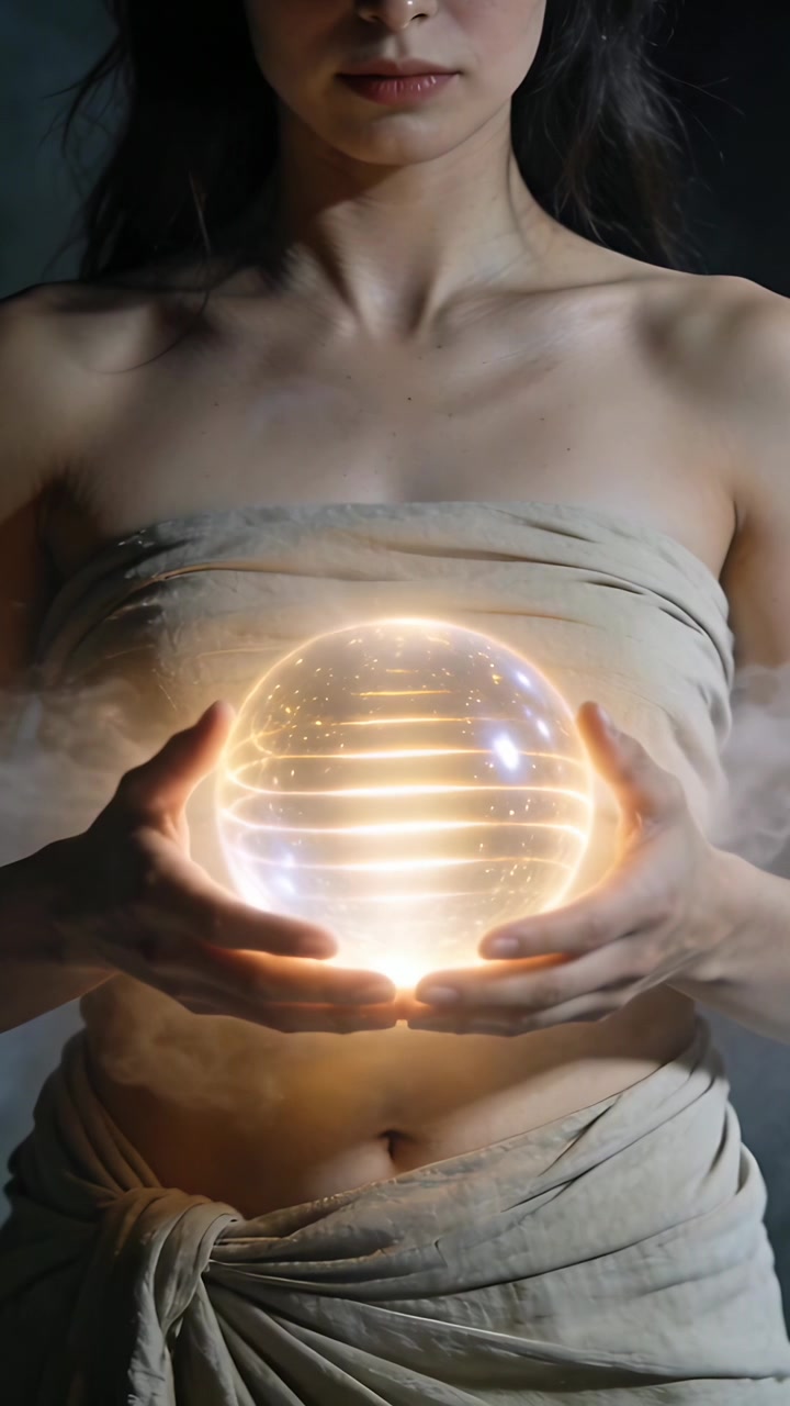 Video verticale: Modella avvolta in un drappo che culla un globo al petto in studio, con il globo che si illumina.