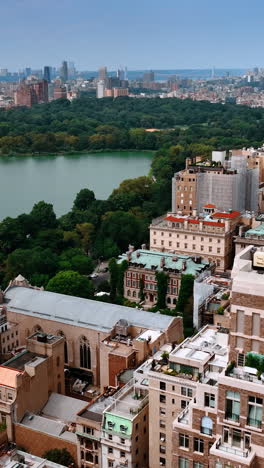 densely built architecture around central park of new york. amazing cityscape of metropolis on sunny daytime. top view. vertical video
