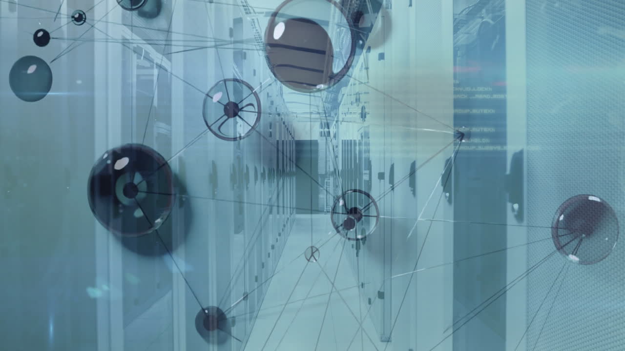 Server aisle showing digital network overlay in cool blue 3D render, featuring racks and nodes