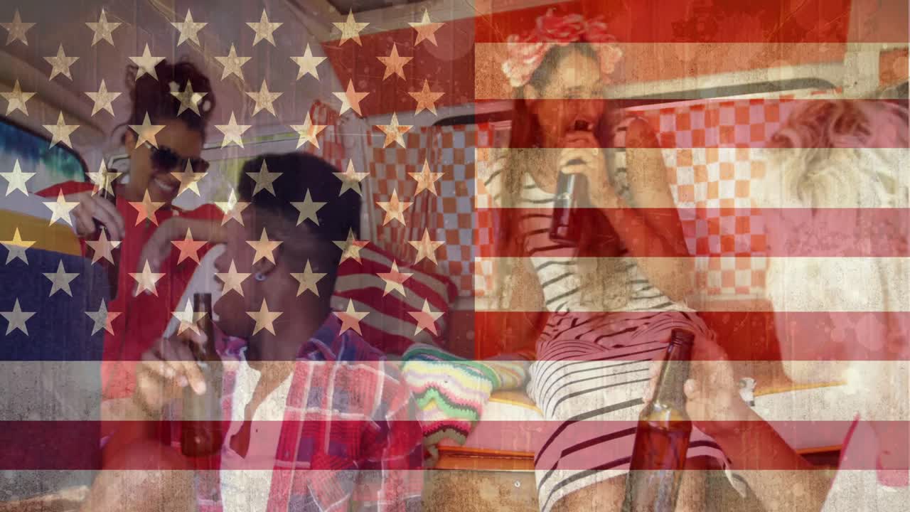 밴에 있는 친구들이 미국  ⁇ 발과 재미있게 놀고 있습니다.