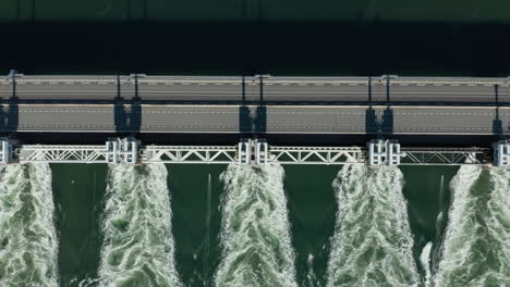 aerial view of weir and road bridge at kamperland in zeeland, netherlands