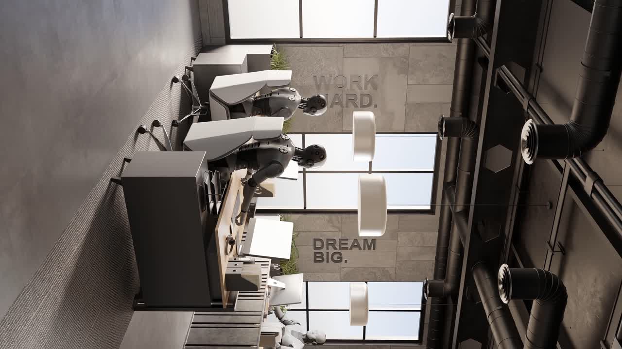 팀 동료, 미래의 로, 휴머노이드, 사이버, 호텔의 리셉션 데스크에서 함께 일하는 노트북, 3d 렌더링, 애니메이션, 인공지능