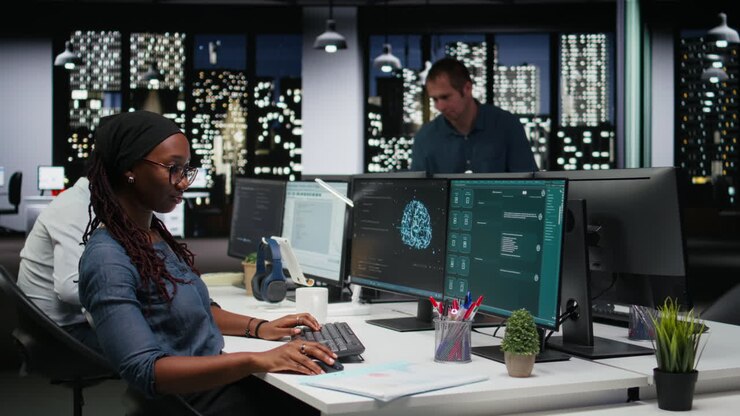 African American Woman Programmer Working on Multiple Computers at Night