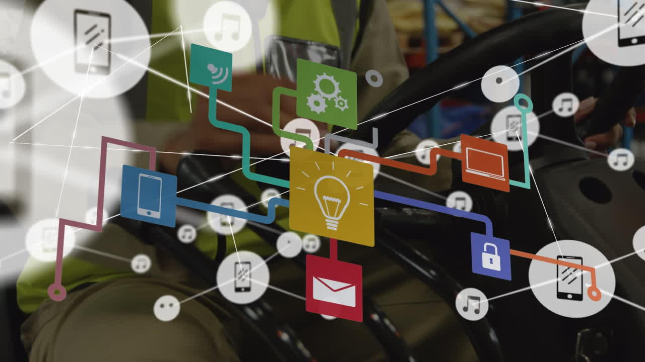 animación de la red de conexiones con iconos sobre el drone de entrega con paquete