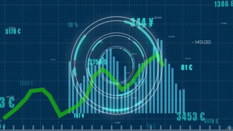 Animation-Eines-Rundscanners-Und-Statistischer-Datenverarbeitung-über-Ein-Gitternetz-Vor-Blauem-Hintergrund