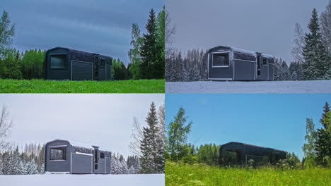 wooden rural building in all four seasons of the year, fusion time lapse