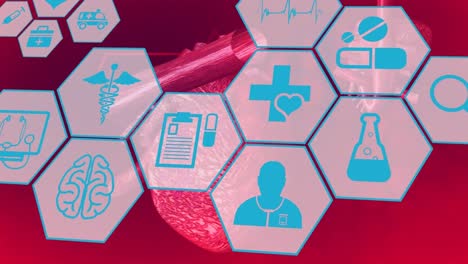 animation of hexagons with scientific icons over heart model and heart rate on red