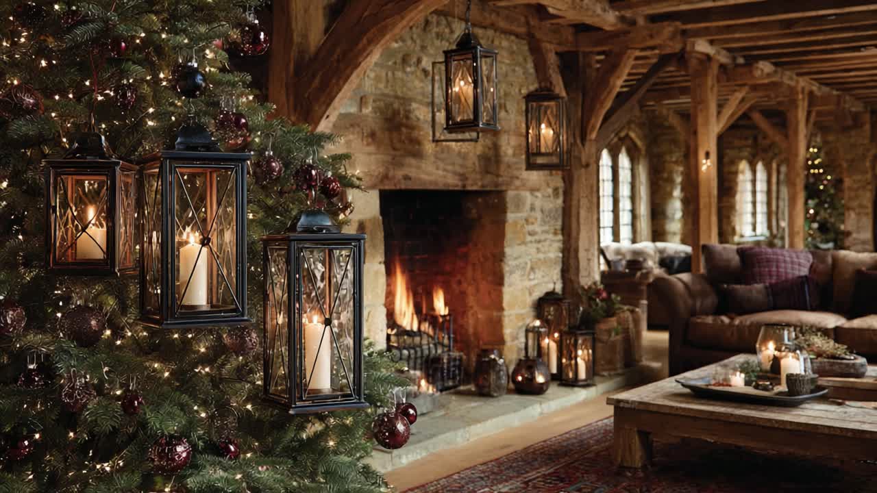 A Warm and Cozy Festive Living Room Setting with a Beautifully Decorated Christmas Tree and Lanterns, Creating a Perfect Holiday Atmosphere