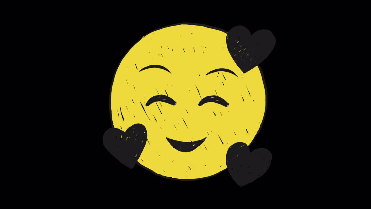 Hand-drawn Smiling Emoji with Hearts on Black Background