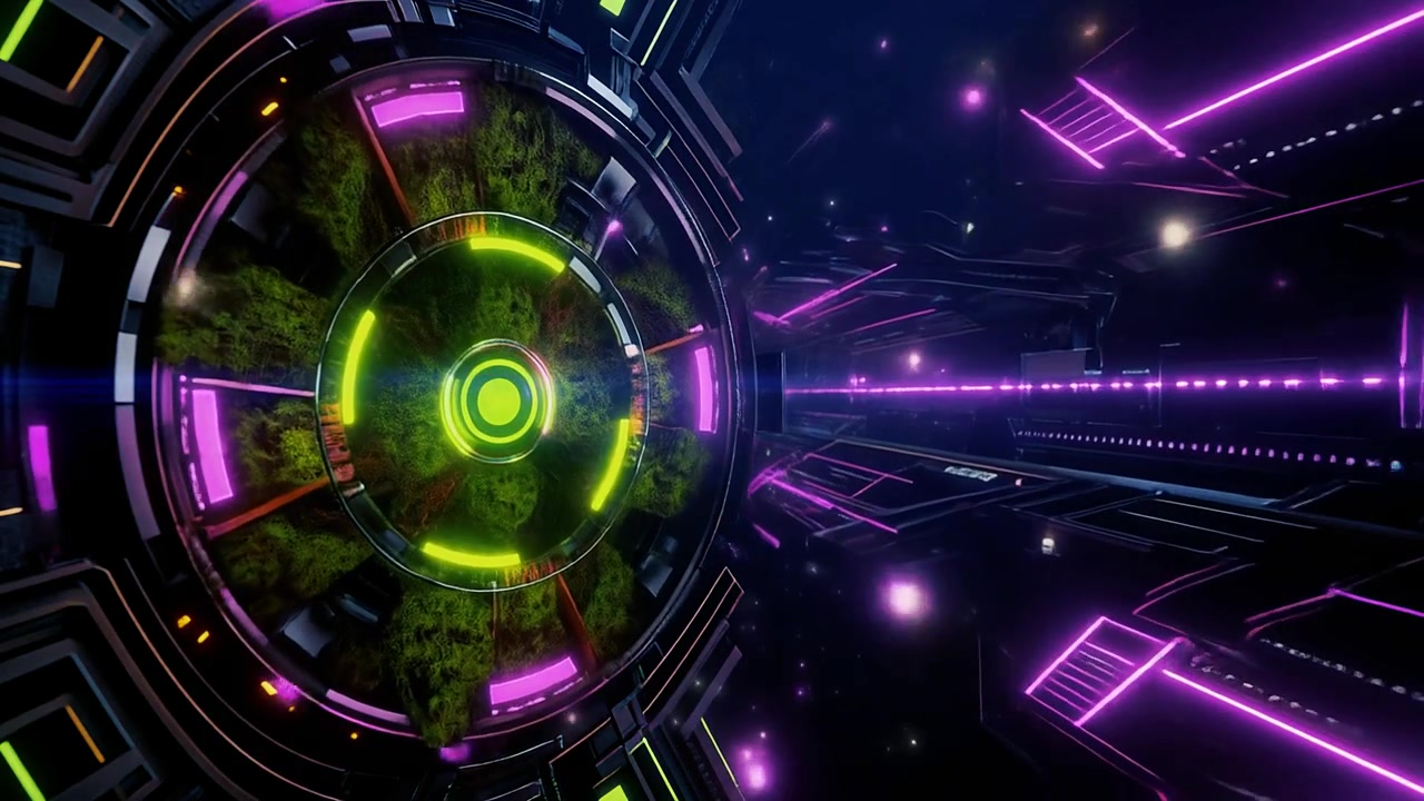 Dynamic Futuristic Portal with Neon Lights and Organic Green Core