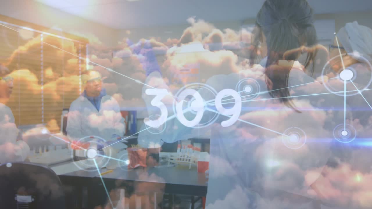 Animation of countdown, connected dots, scientists discussing in meeting against clouds in sky
