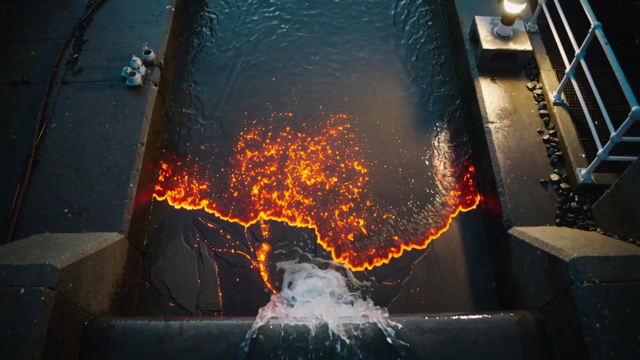 Flusso incandescente di lava fusa che avanza lungo un canale verso un pennacchio di schiuma, incontrandolo e frantumandosi in braci