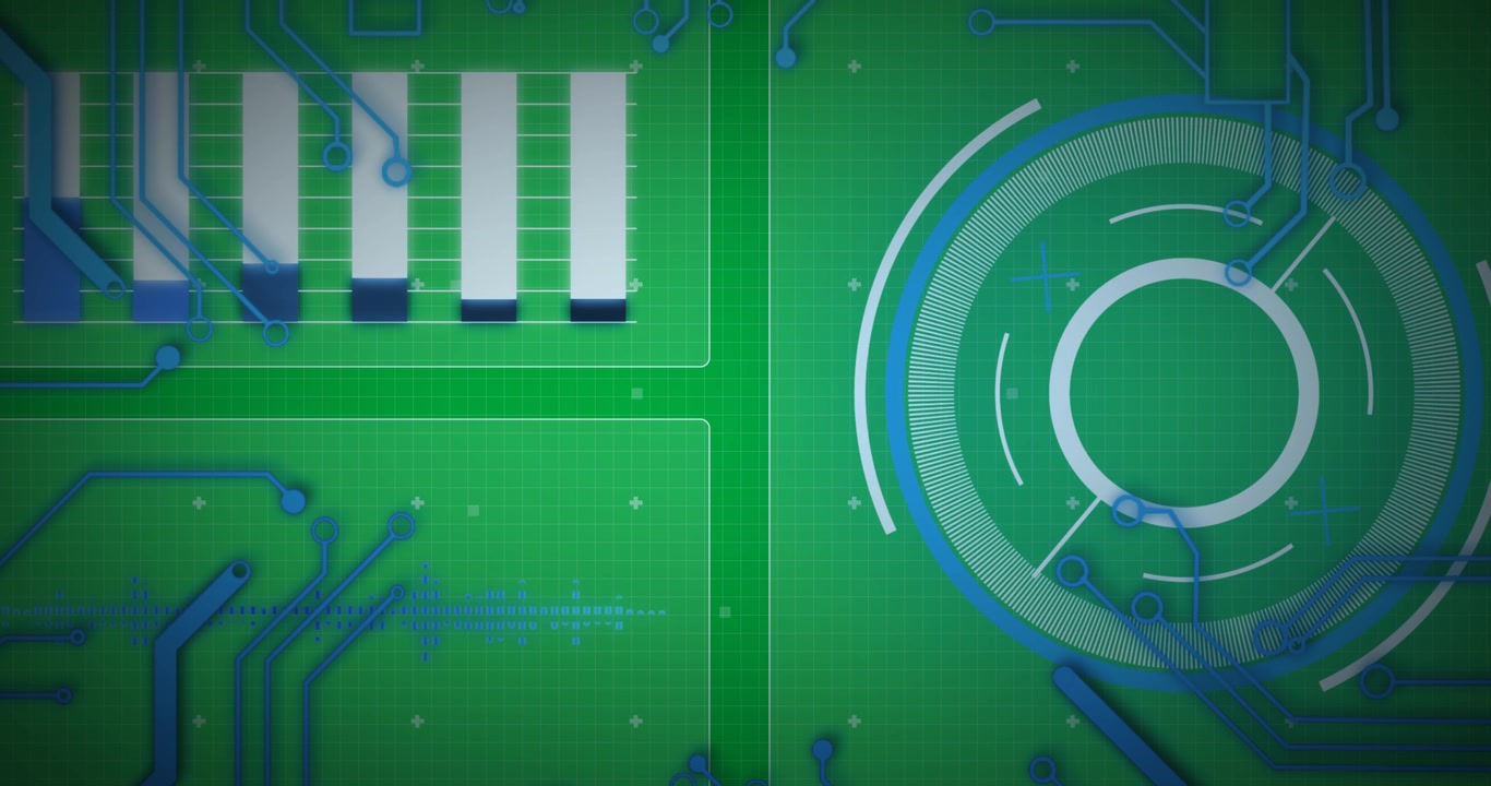 Animation of scope scanning and data processing with blue computer circuit board elements
