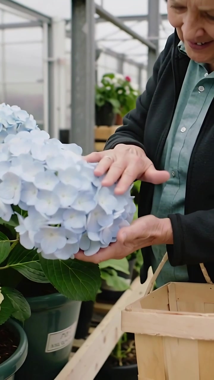 Vertical video: Approaching senior woman cupping light-blue hydrangea in nursery, preparing basket