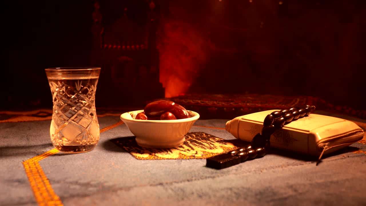 agua y dátiles. el iftar es la comida de la noche. vista deslizante de la decoración vacaciones de ramadán kareem. tarjeta de felicitación festiva, invitación para el mes sagrado musulmán ramadán kareem. fondo oscuro. enfoque selectivo