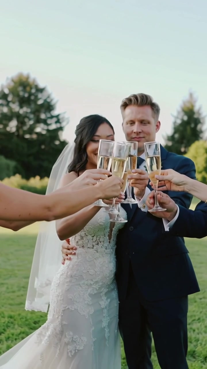 Video verticale: Sposa in abito di pizzo e sposo in abito blu navy che brindano con i calici mentre gli invitati raggiungono il prato