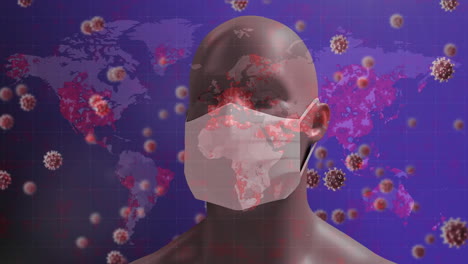 animación de micro células de coronavirus covid-19 flotando alrededor de un rostro humano en 3d con una máscara