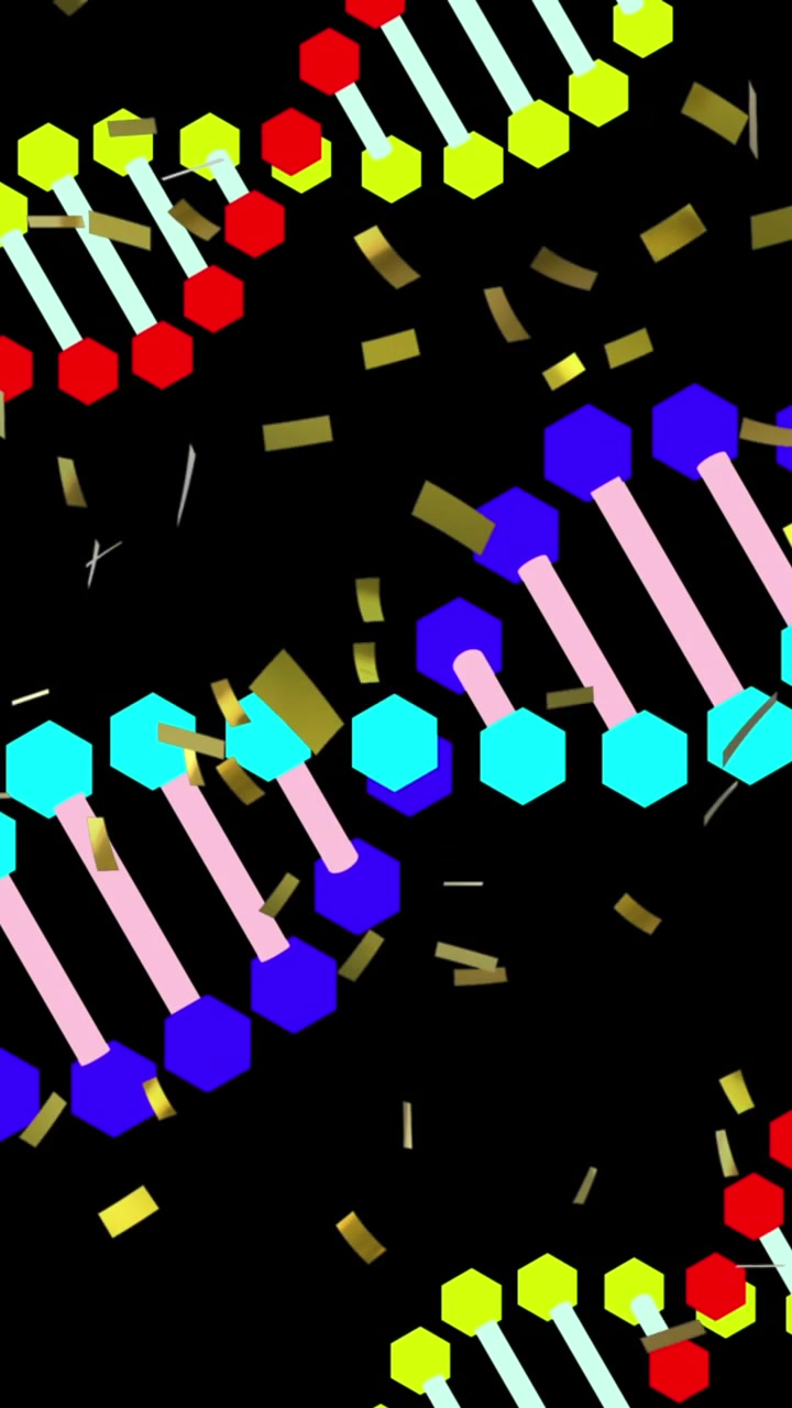 Animazione di coriandoli che cadono e tre filamenti di DNA che si muovono su sfondo nero