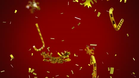 Animation-of-christmas-gold-candy-canes,-snowflakes-and-confetti-falling-on-red-background