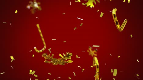 animation of christmas gold candy canes, snowflakes and confetti falling on red background