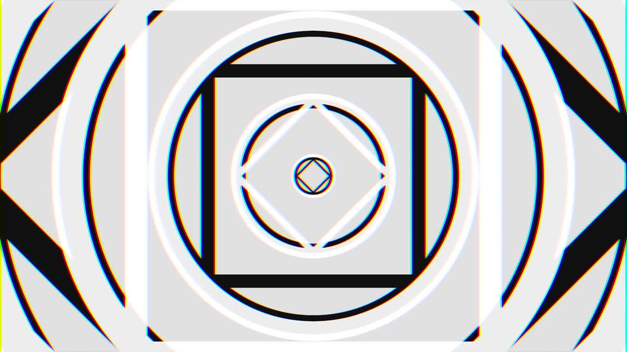 volando a través de un túnel hipnótico monocromático con círculos y cuadrados, bucle sin costuras. animación. figuras geométricas blancas y negras vuelan en un túnel