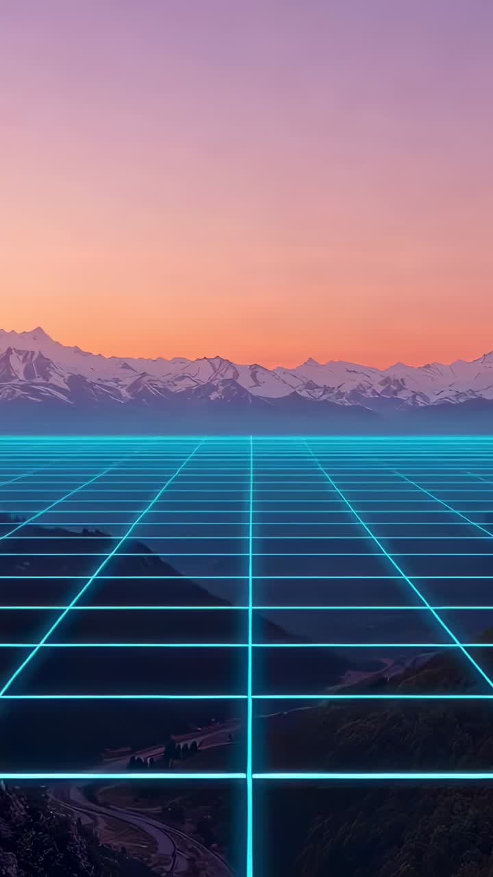 Vertical video: Shimmering cyan grid plane moving toward horizon at sunset, adding depth near road