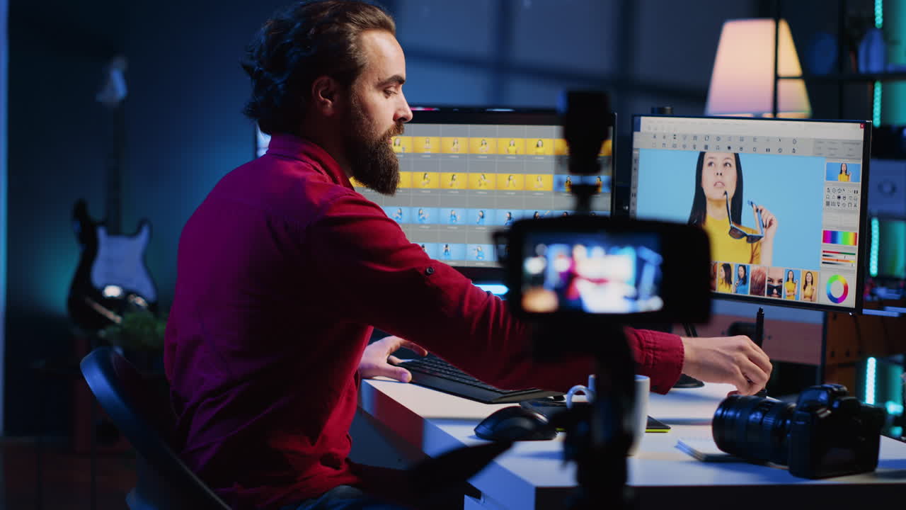 editor de fotos que utiliza equipos profesionales de creación de contenido para grabar vlog en una compañía de producción