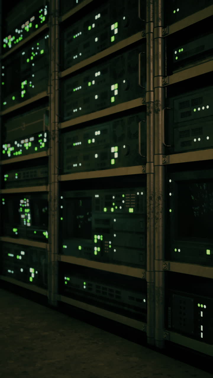 Illuminated server racks show a network in a dim data center