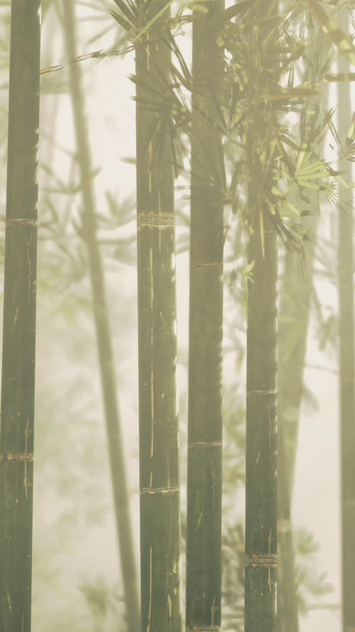 Luce del mattino che filtra attraverso una foresta di bambù in un ambiente nebbioso.