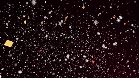 Animation-of-snowflakes-and-confetti-moving-on-black-background