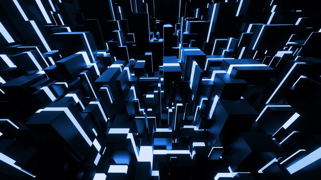 abstracto en bucle 4k fondo azul oscuro con luz de neón como ciudad nocturna cyberpunk. red de bloques de diferentes tamaños como bombillas. bg para espectáculos o eventos, videos musicales, bucle vj para clubes nocturnos