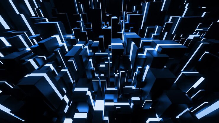 abstract looped 4k dark blue background with neon light like cyberpunk night city. Network of different sizes blocks as light bulbs. Bg for show or events, music videos, VJ loop for night clubs