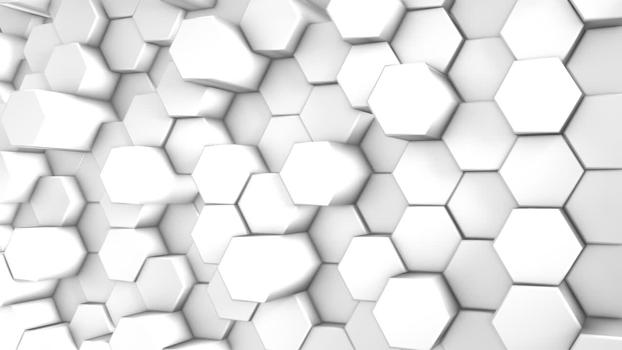 hexágonos prismáticos futuristas blancos, panal, seis, movimiento en un fondo minimalista. el concepto de diseño y tecnología. animación 3d. cuadrícula.