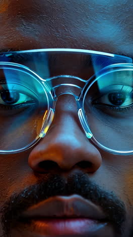 A man wearing glasses and a white lab coat. He is looking at the camera. The image has a scientific or medical theme
