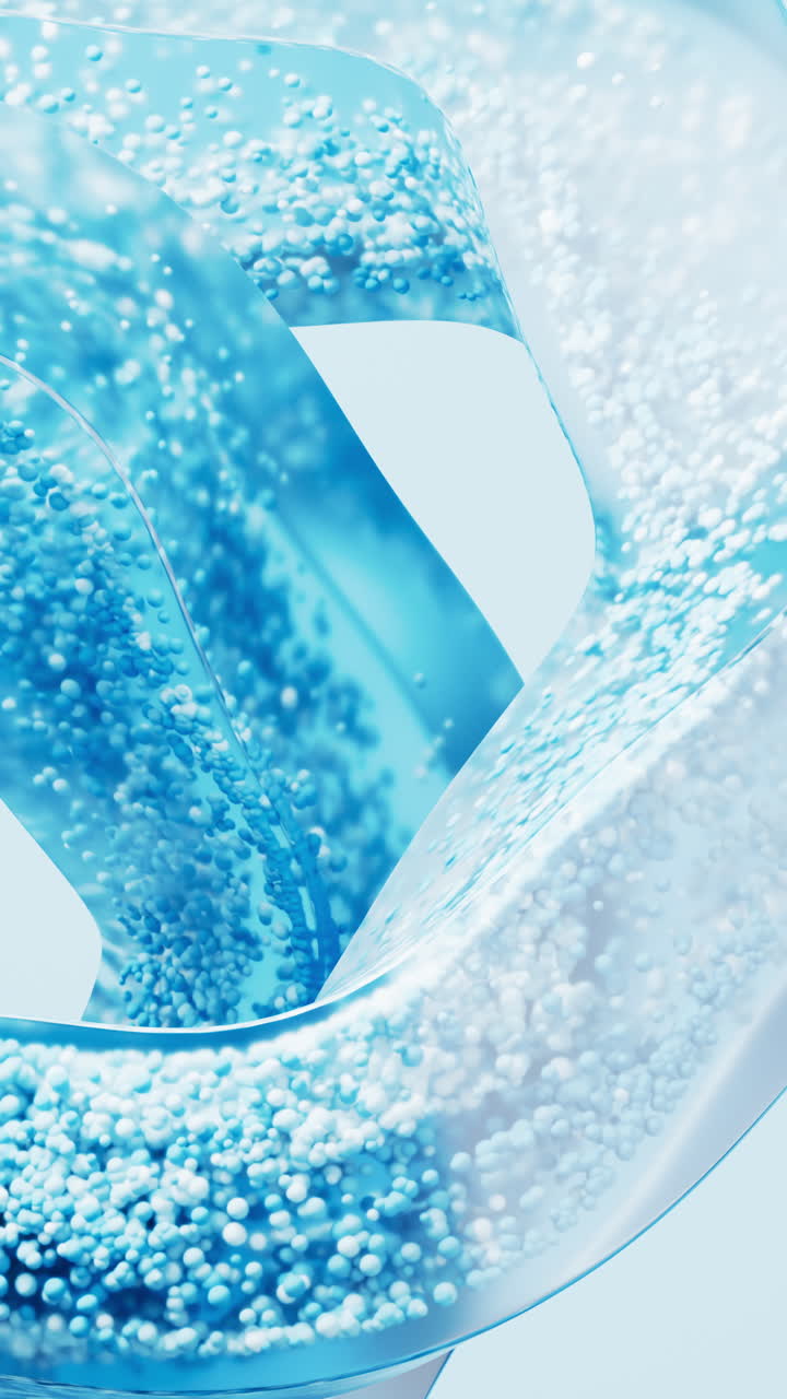 Flowing blue particles in glass geometry, 3d rendering