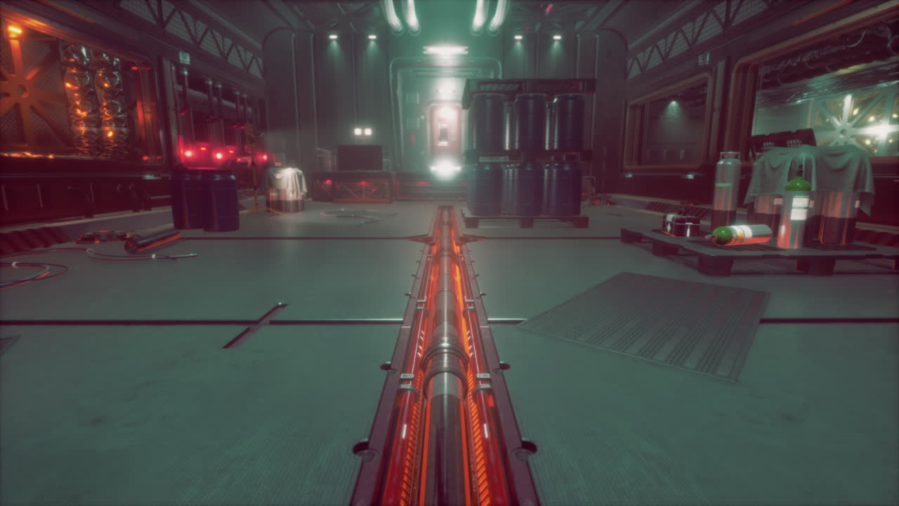 el interior de la nave espacial: un corredor industrial futurista