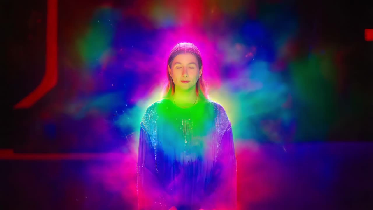 retrato colorido de una mujer con un aura brillante