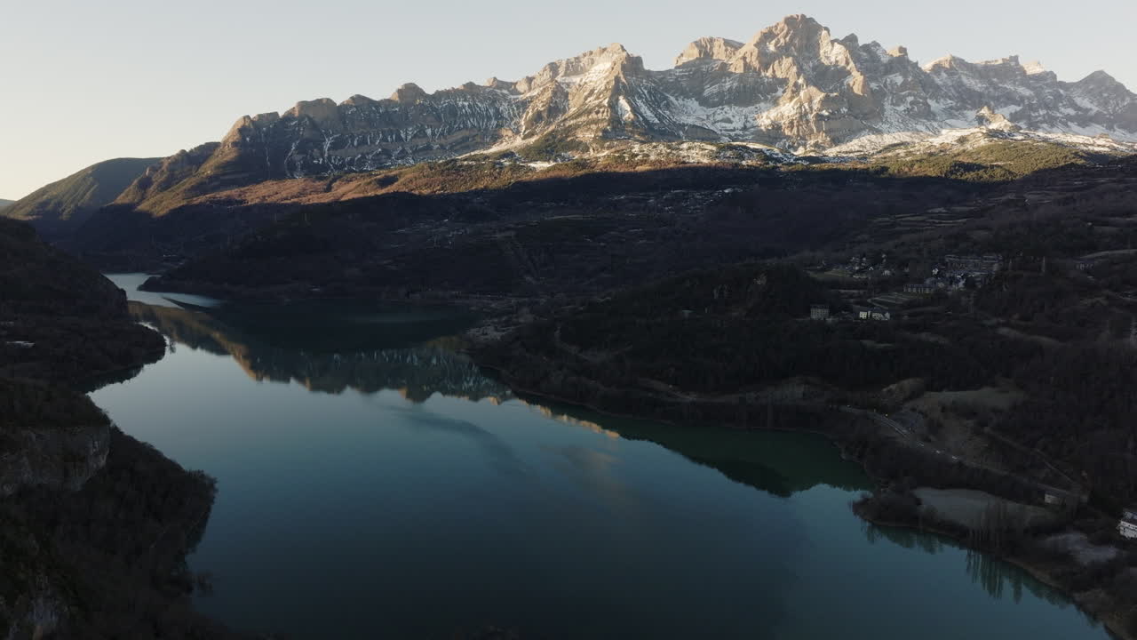 Aerial View of a Mountain Lake Valley at Sunrise/Sunset