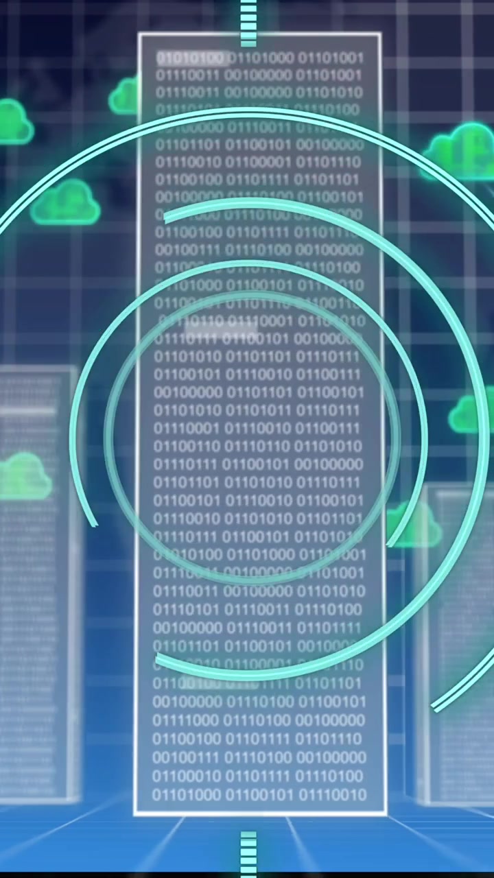 Animation of clouds, binary data with data processing over grid and map of world