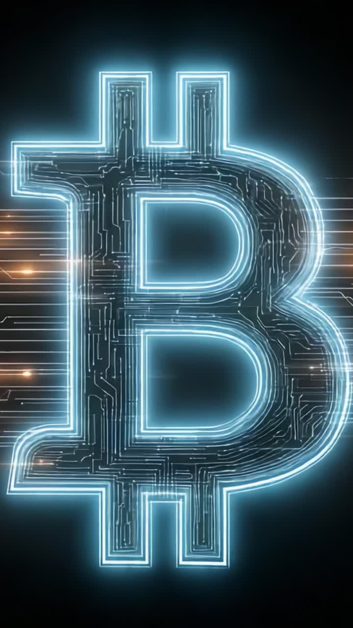 Simbolo Bitcoin illuminato con design dinamico di circuito che rappresenta la criptovaluta e le transazioni finanziarie digitali in un contesto futuristico