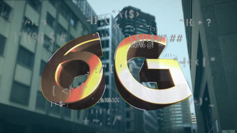 animation of 6g text over data processing and cityscape