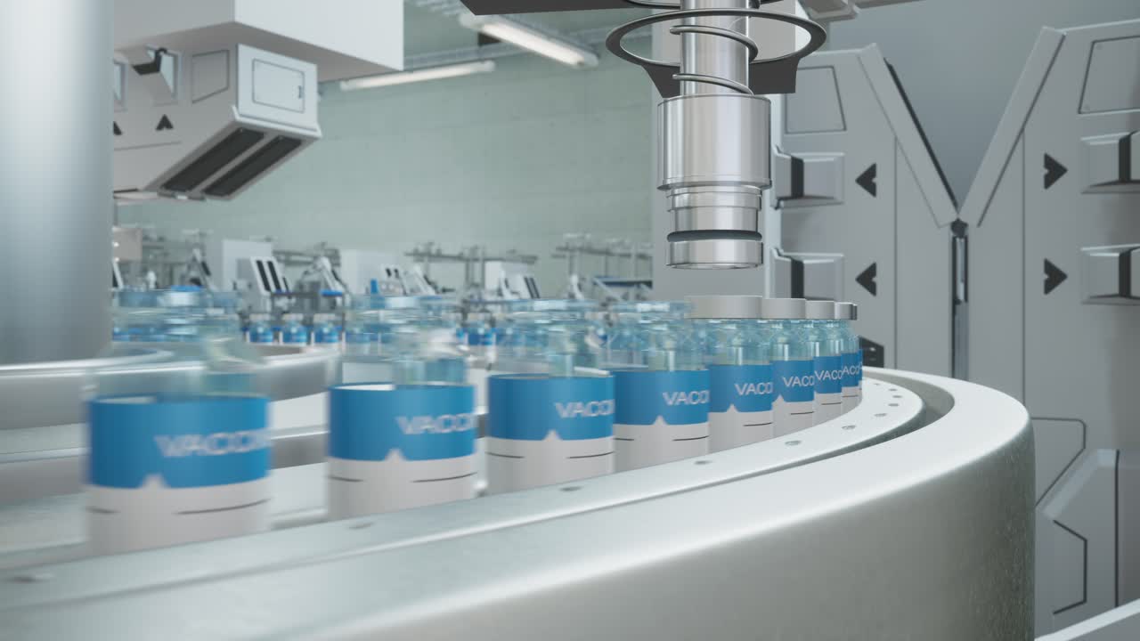 Vaccine Mass Production In Laboratory, 3D Rendering Vaccine Bottle Packing. Machine Puts Bottle Caps On Ampoules Moving On Pharmaceutical Conveyor Belt In Research Lab In Right Cyclic