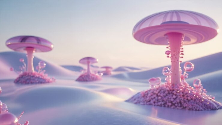 Whimsical Alien Landscape with Pink Mushroom Structures