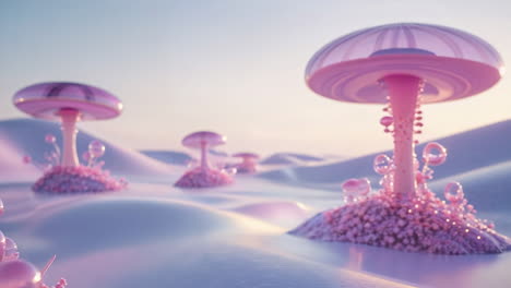 whimsical alien landscape with pink mushroom structures